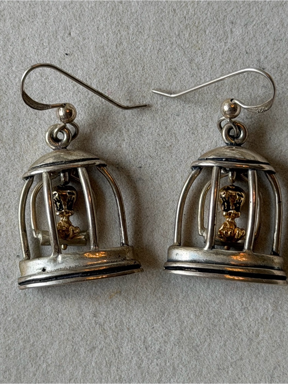 Sterling Silver Tweety Bird Birdcage Drop Earrings with Gold Accent Vintage Rare